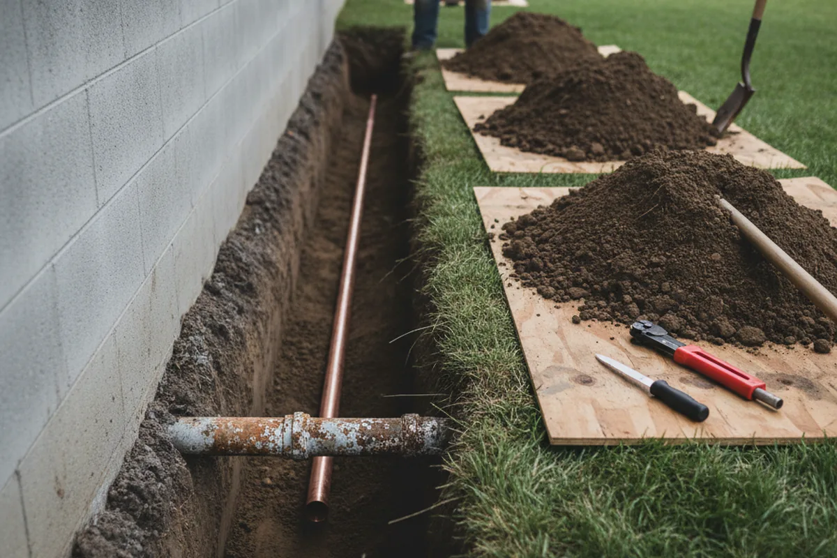 Excavated water line trench during Sewer Line Repair in Easton